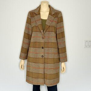 Evereve Rose Pea Coat Size L Brown Plaid Preppy Long